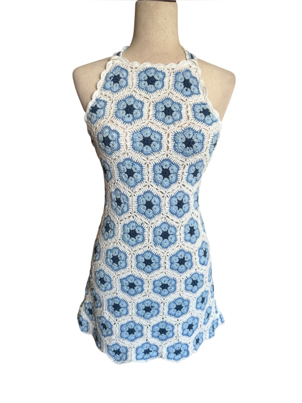 Show Me Your MuMu Happy Halter Blue & White Crochet Halter Mini Dress - Picture 2 of 9
